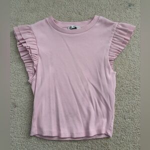 Zara Pink Ribbed Top with Pleated Ruffle Sleeves